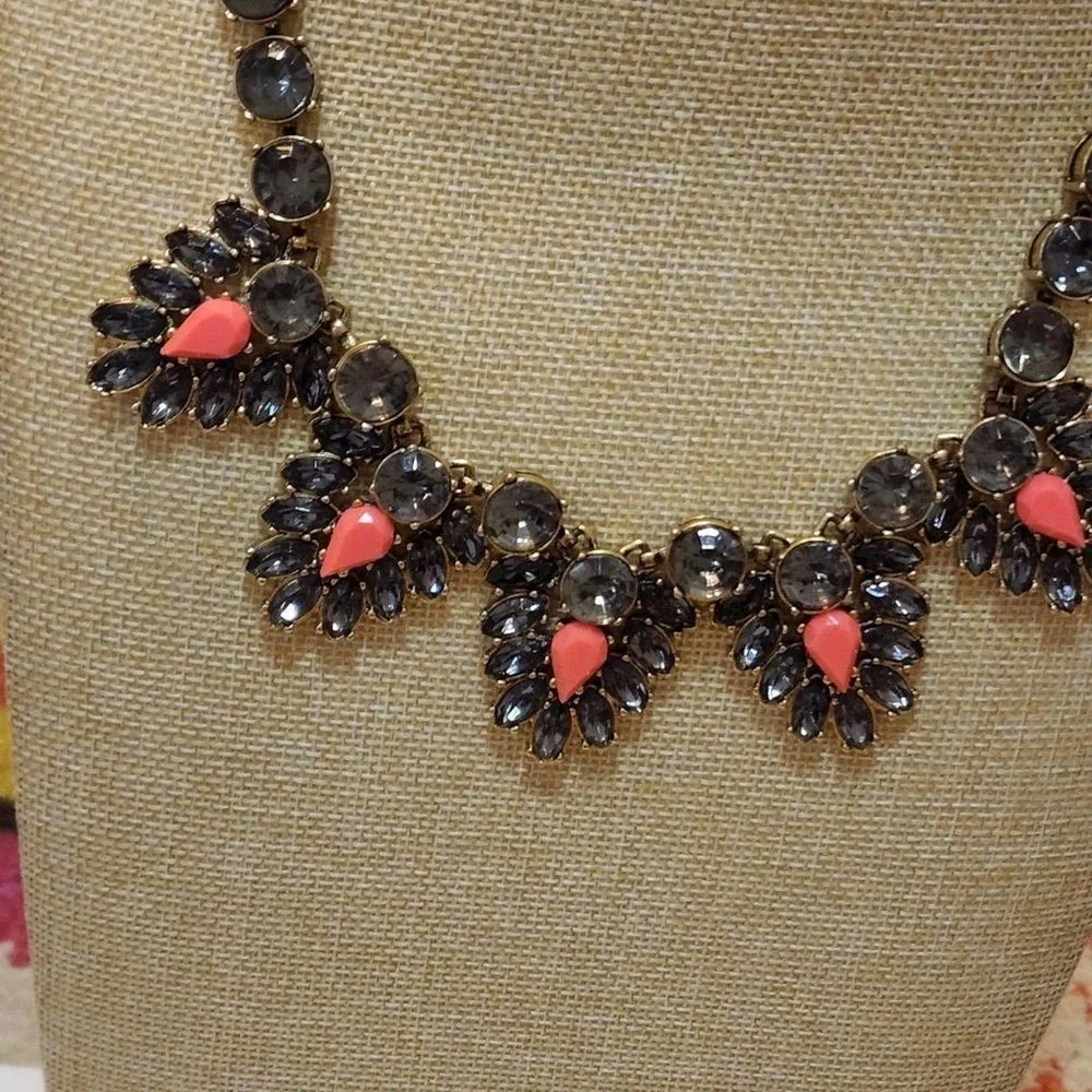 J. Crew navy‎ and coral jeweled art deco BRÛLÉE statement necklace